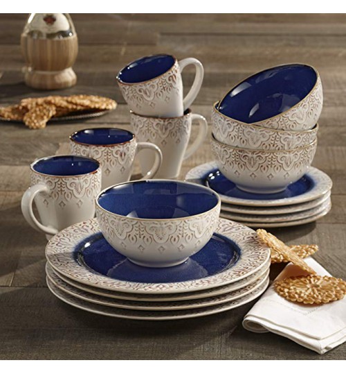 Atelier 16 Piece Granada Round Dinnerware Set, Blue 