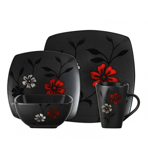 16-Piece Dinnerware Set, Evening Blossom, Black 