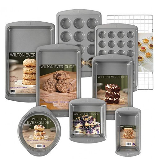 Wilton Ever-Glide Non-Stick Bakeware Set, 9-Piece - Loaf Pan, Oblong pan, 12-Cup Muffin Pan, Round and Square Cake Pans, Large Cookie Pan, Medium Cookie Pan, 24-Cup Mini Muffin Pan, Cooling Grid